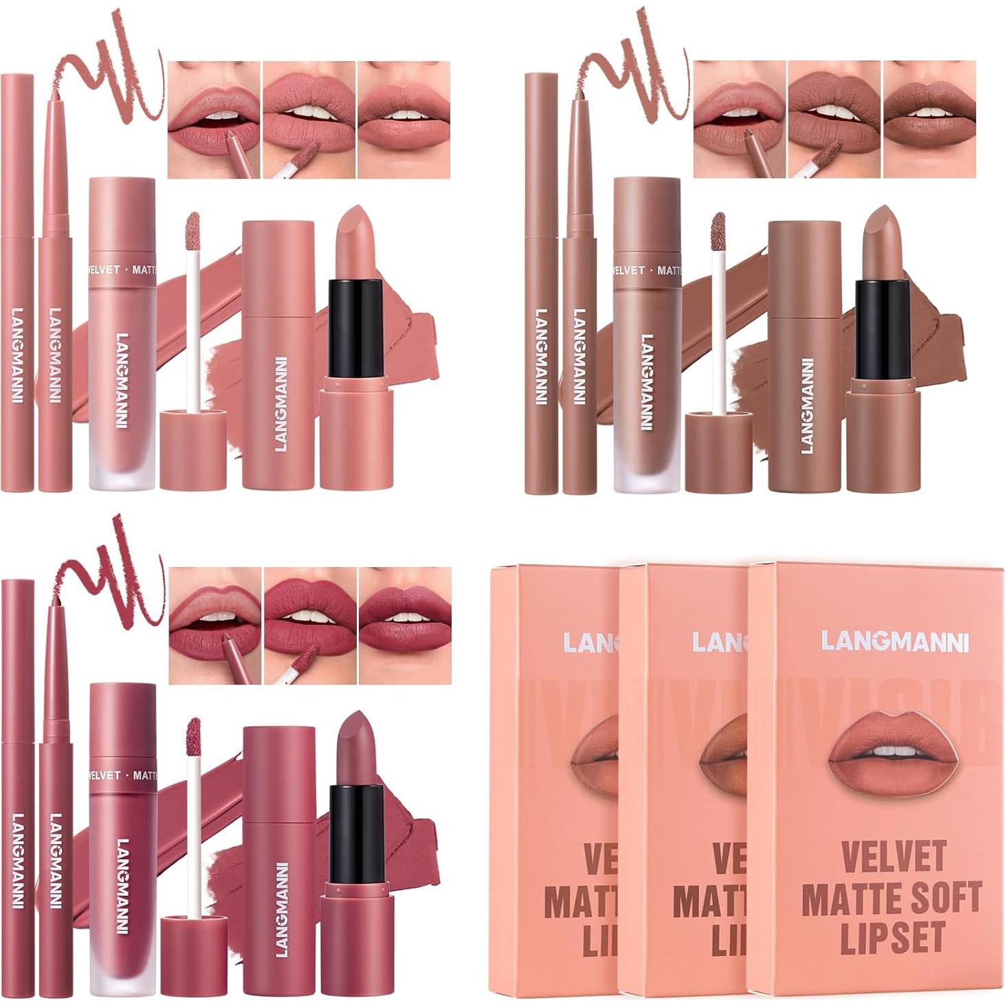 Set de Labios Mate LANGMANNI 3 en 1 - Lápiz, Labial y Brillo