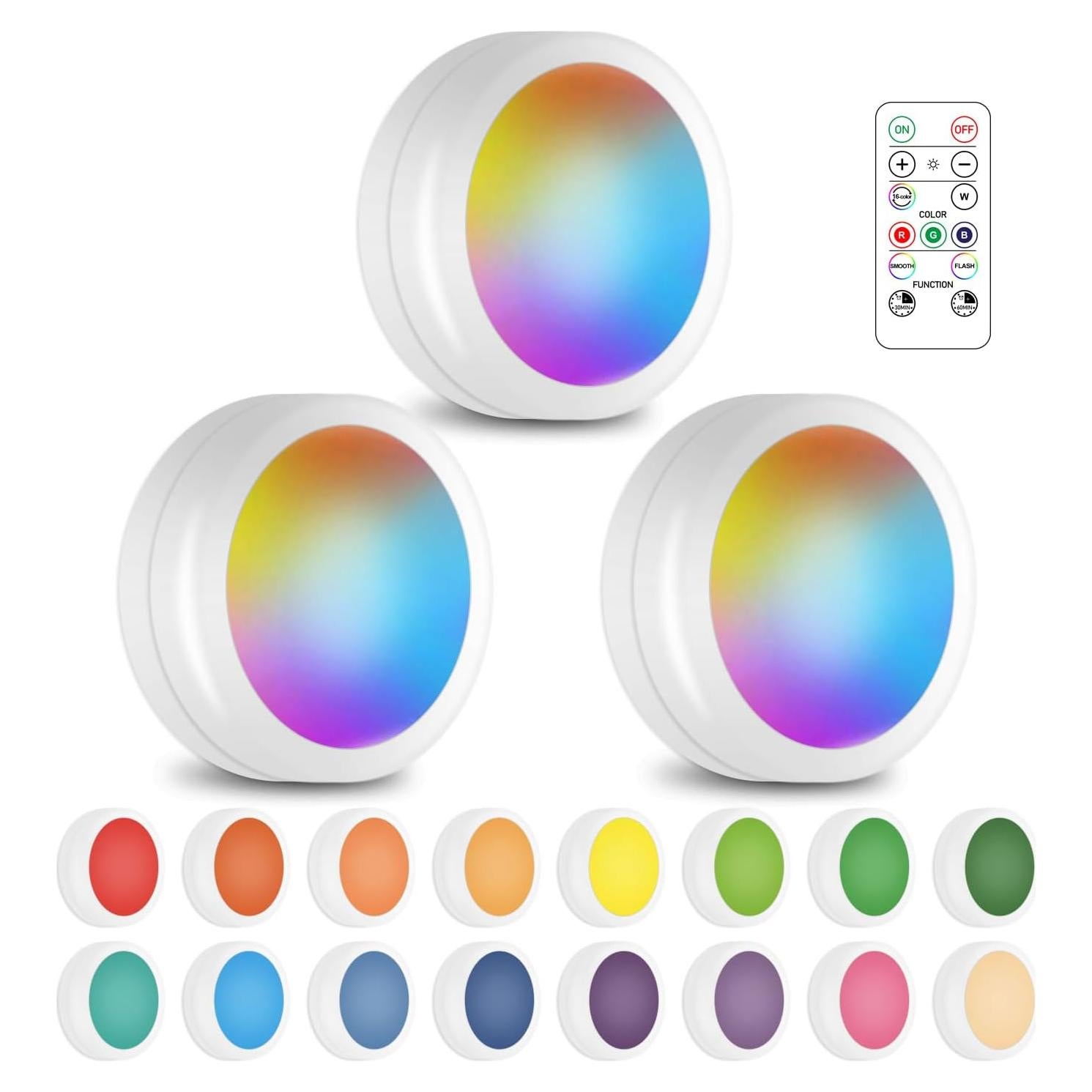 Luz LED Puck Inalámbrica SIXDEFLY 16 Colores Paquete de 3