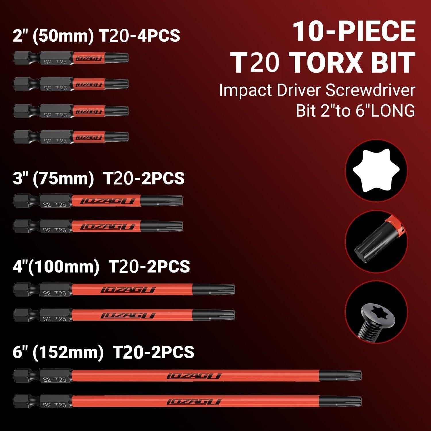Juego de 10 Puntas Torx T20 Magnéticas LOZAGU 50-152mm