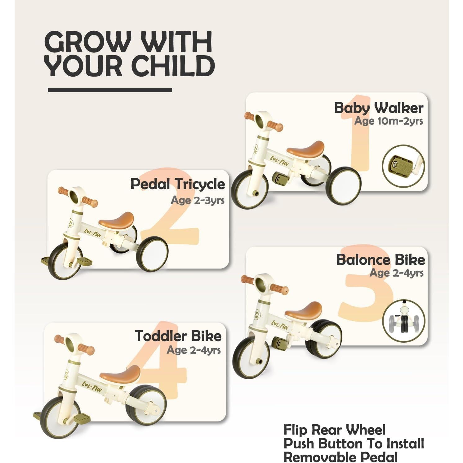 Bicicleta de Equilibrio 4 en 1 LOL-FUN para Niños 1-4 Años