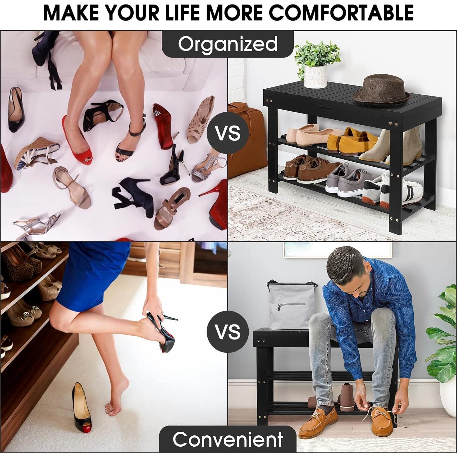 Banco para Zapatos BAMBUROBA de Bambú 3 Niveles Negro