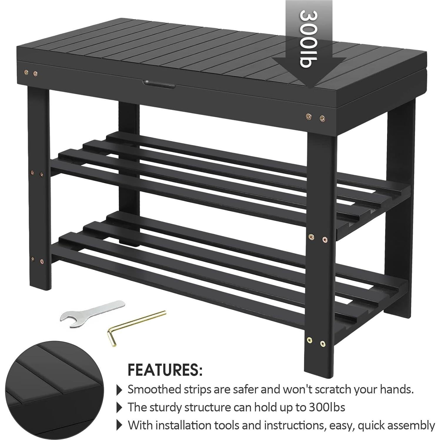 Banco para Zapatos BAMBUROBA de Bambú 3 Niveles Negro