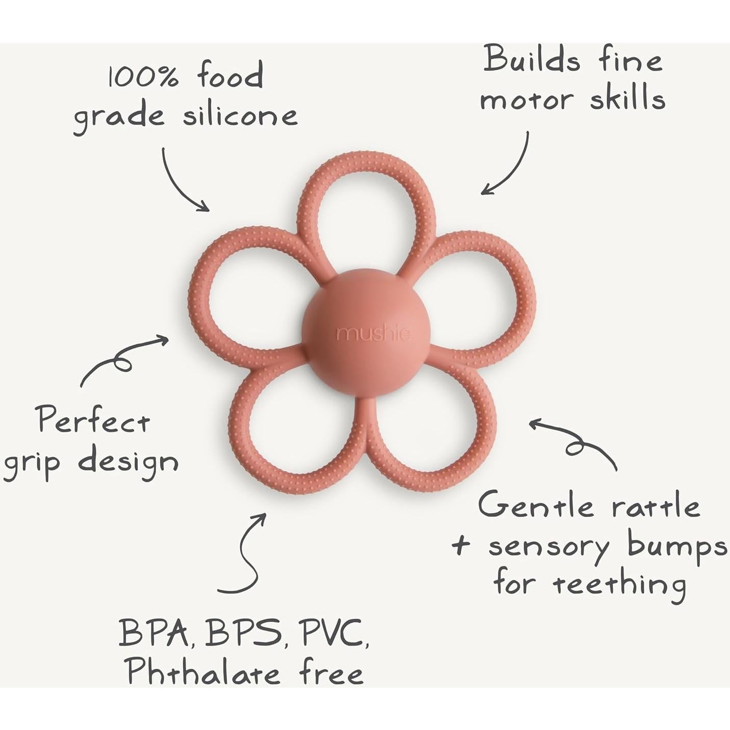 Sonajero de Dentición mushie Rosa Polvoriento Silicona 100% Segura
