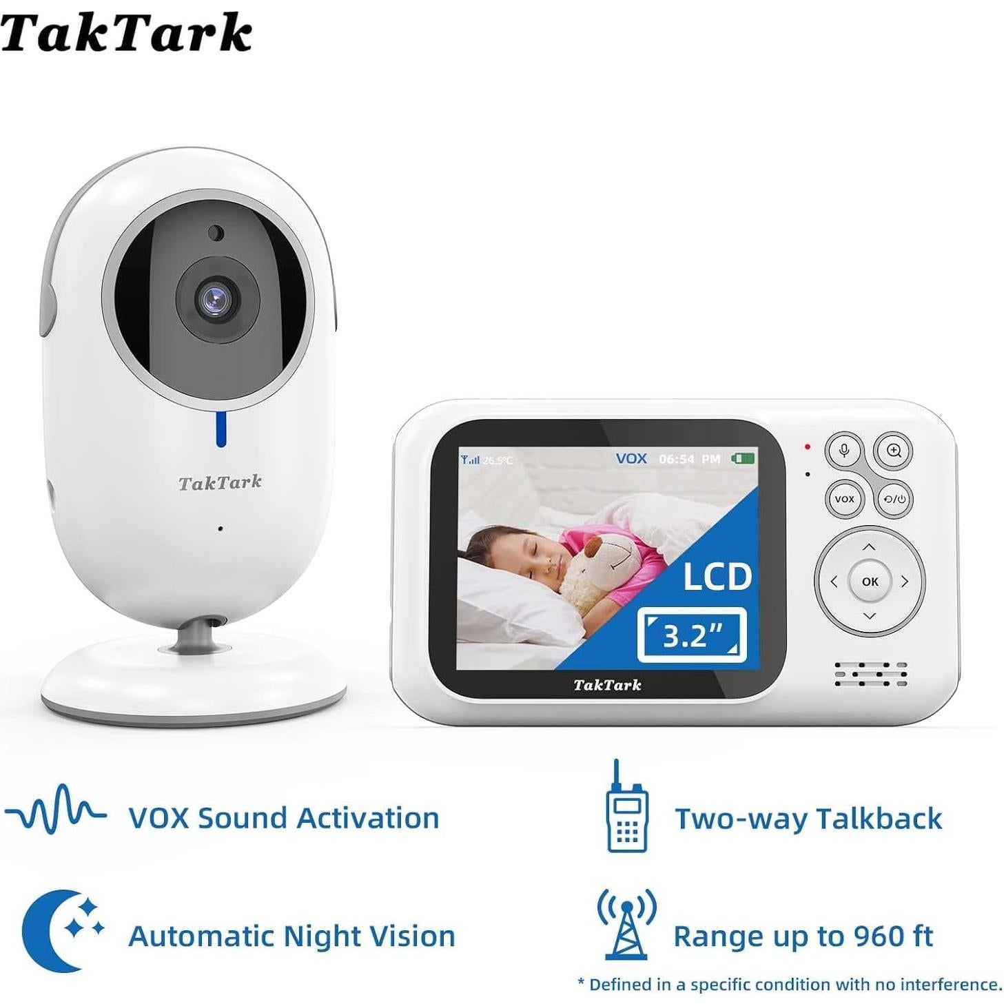Monitor de Bebé TakTark BM611, Pantalla LCD 8.13 cm, Audio Bidireccional, Visión Nocturna, Alcance Largo
