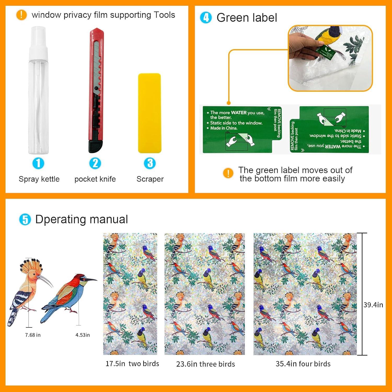 Película de Ventana Privacidad COUNTEWOL Pájaro Colorido 44.5x199.4cm