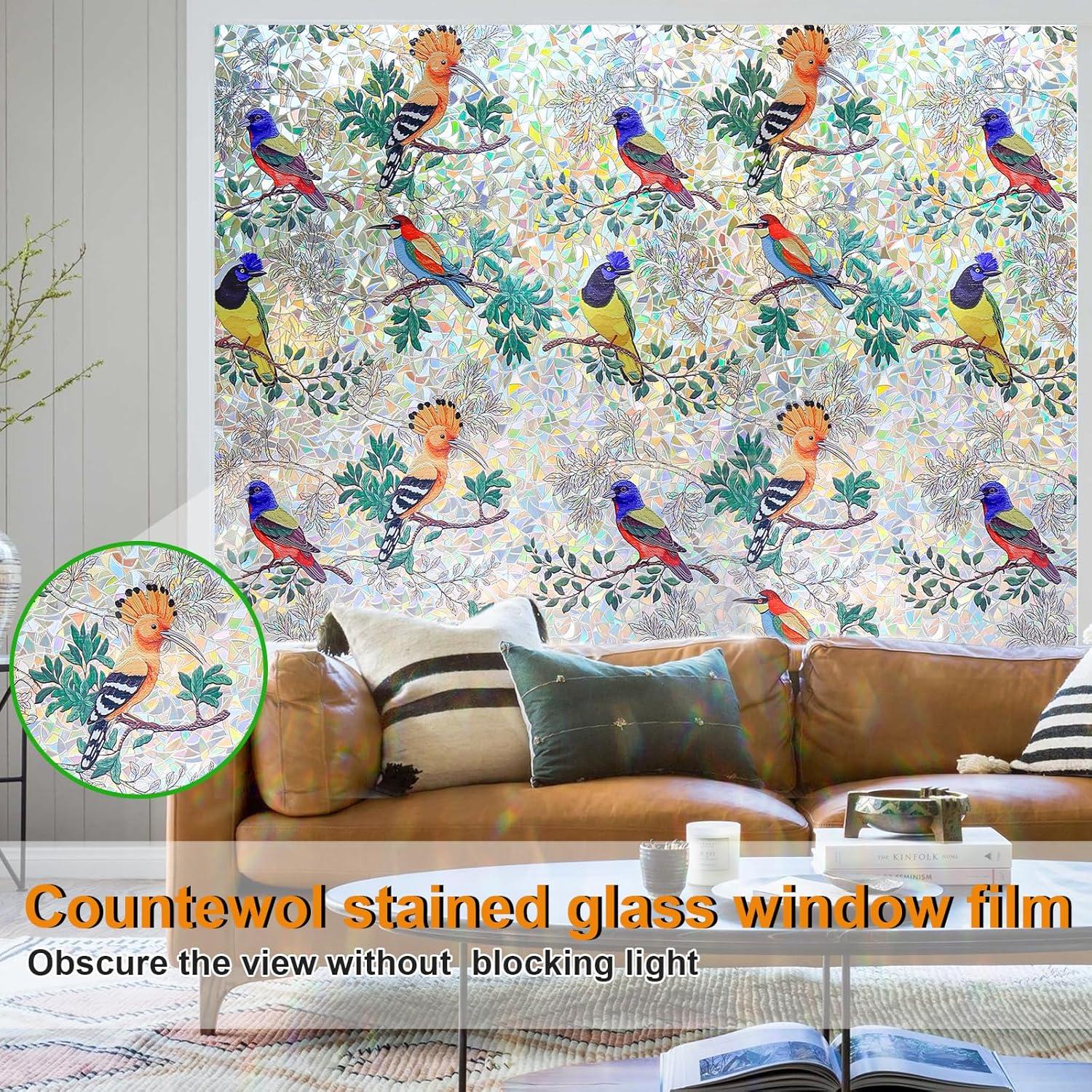 Película de Ventana Privacidad COUNTEWOL Pájaro Colorido 44.5x199.4cm