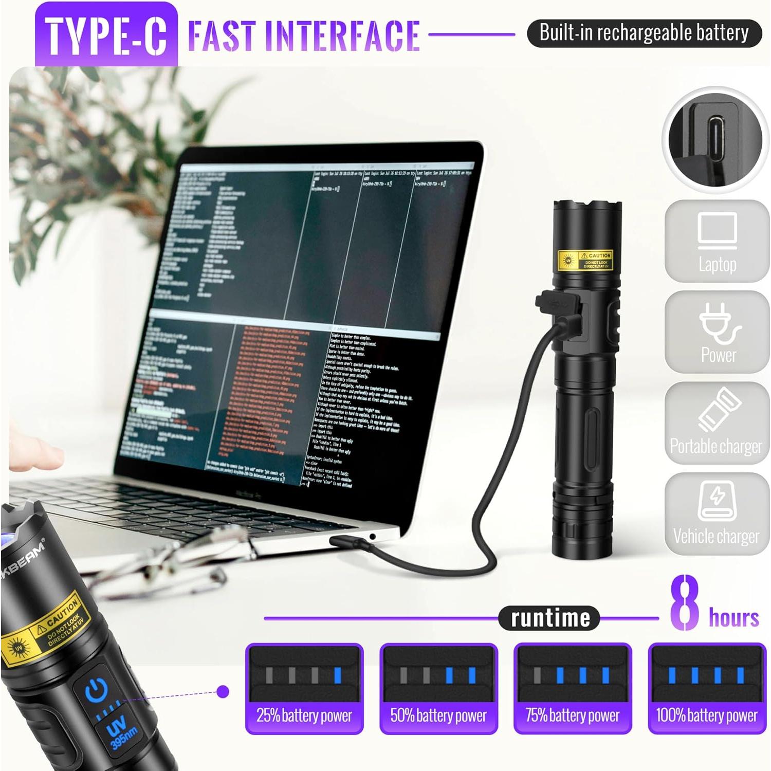 Linterna UV 395nm DARKBEAM Recargable USB 2en1 para Camping