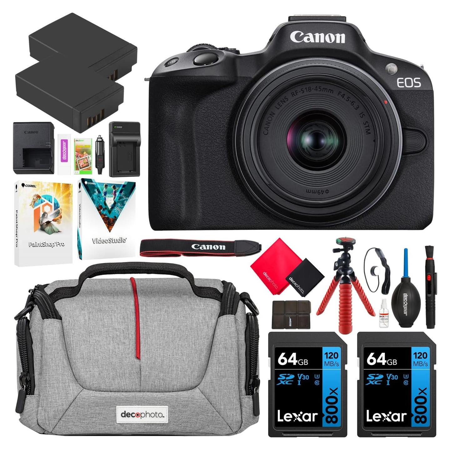 Canon EOS R50 Mirrorless Camera (Black) with RF-S 18-45mm F4.5-6.3 is STM Lens 5811C012 Bundle with Deco Gear Photography Bag + 2 x Battery + 2 x 64GB Memory Cards + Accessories Kit