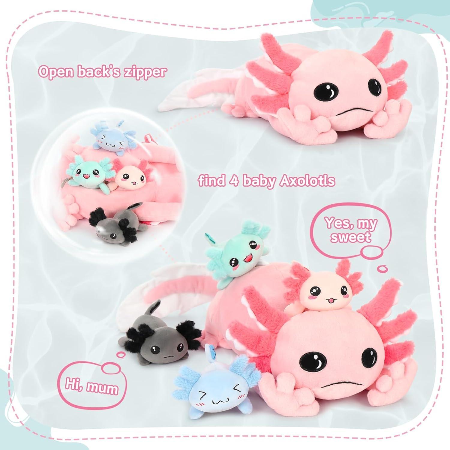 Almohada de Peluche Axolote Rosa MaoGoLan 80 cm con 4 Bebés