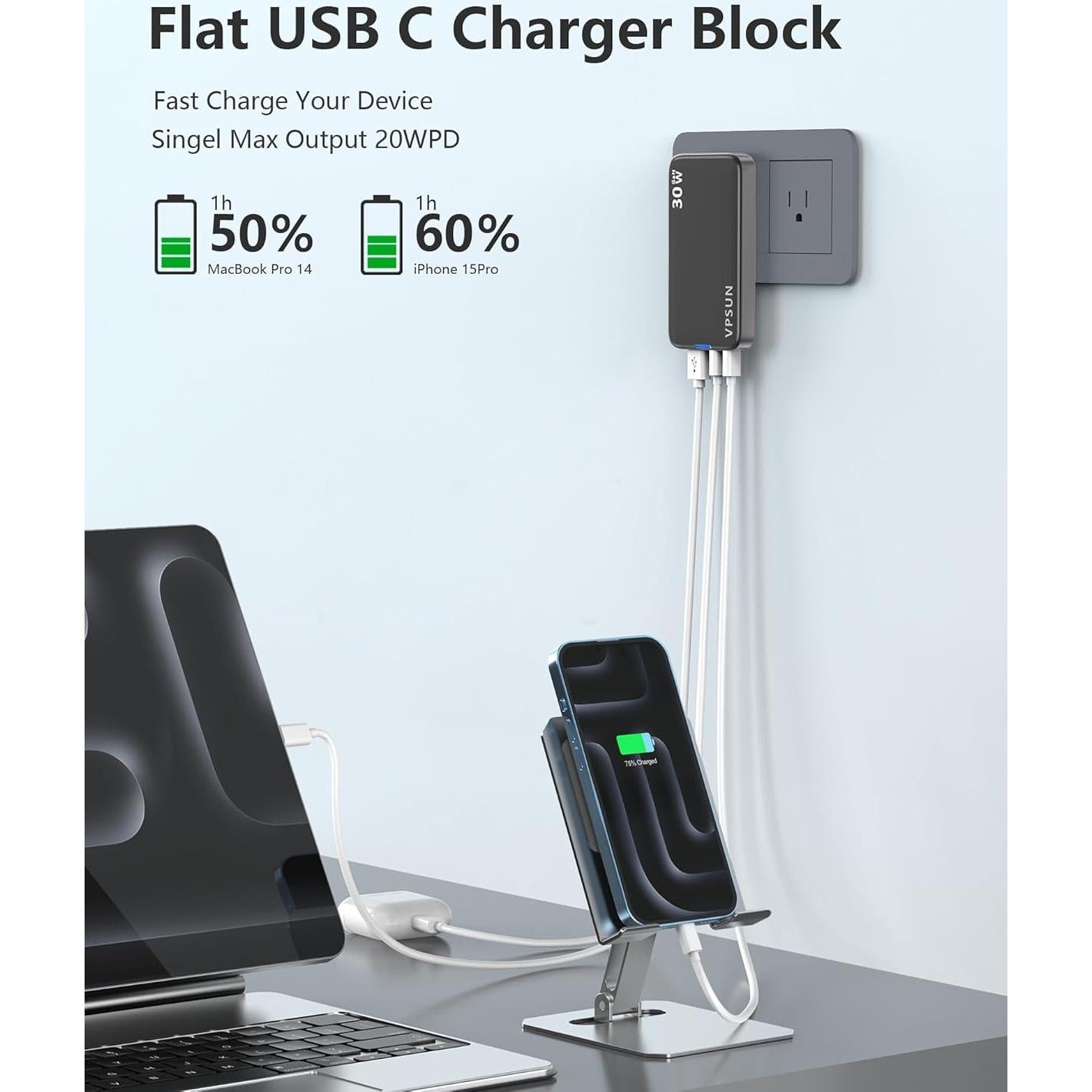 Cargador de Pared USB-C VPSUN 30W 3 Puertos Negro
