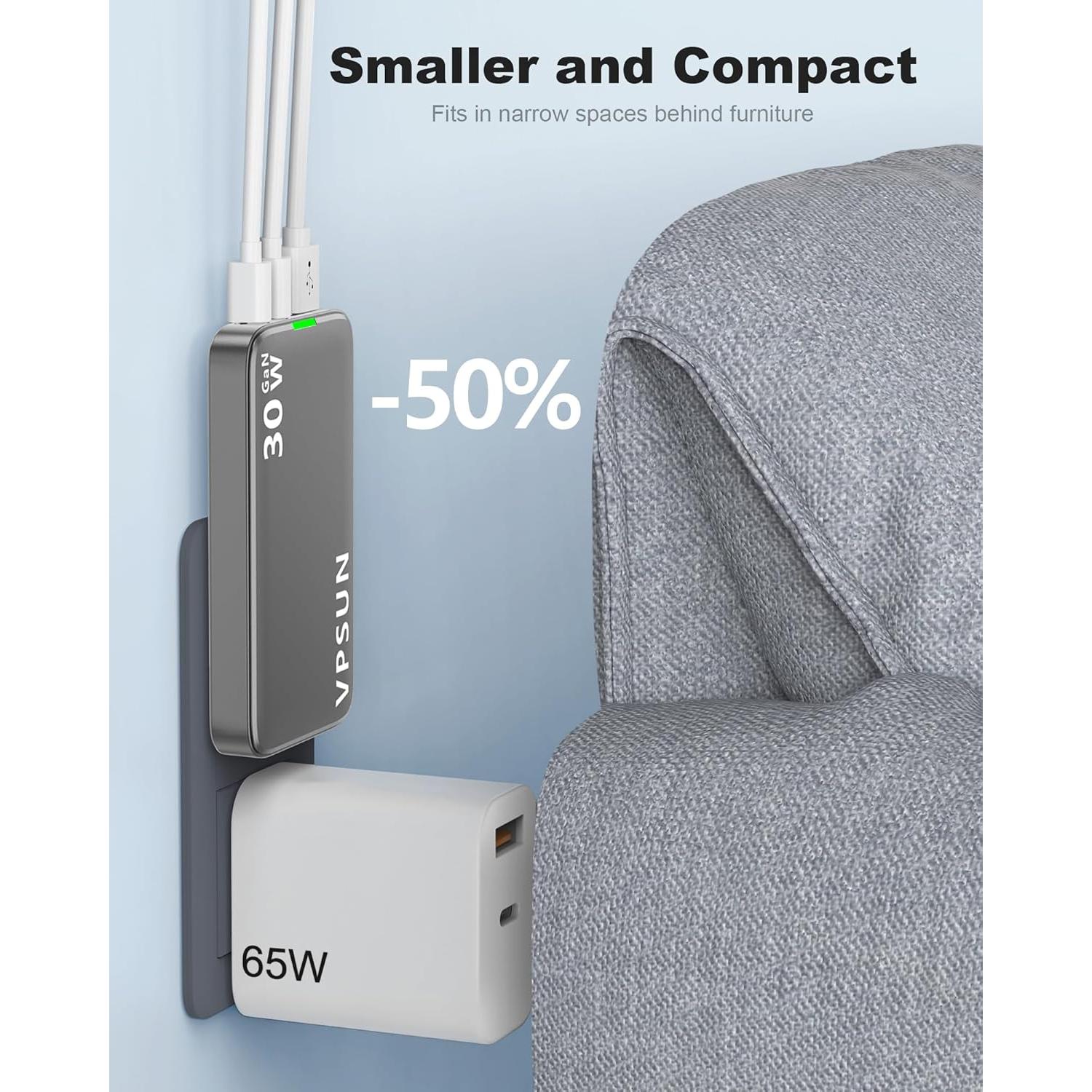 Cargador de Pared USB-C VPSUN 30W 3 Puertos Negro