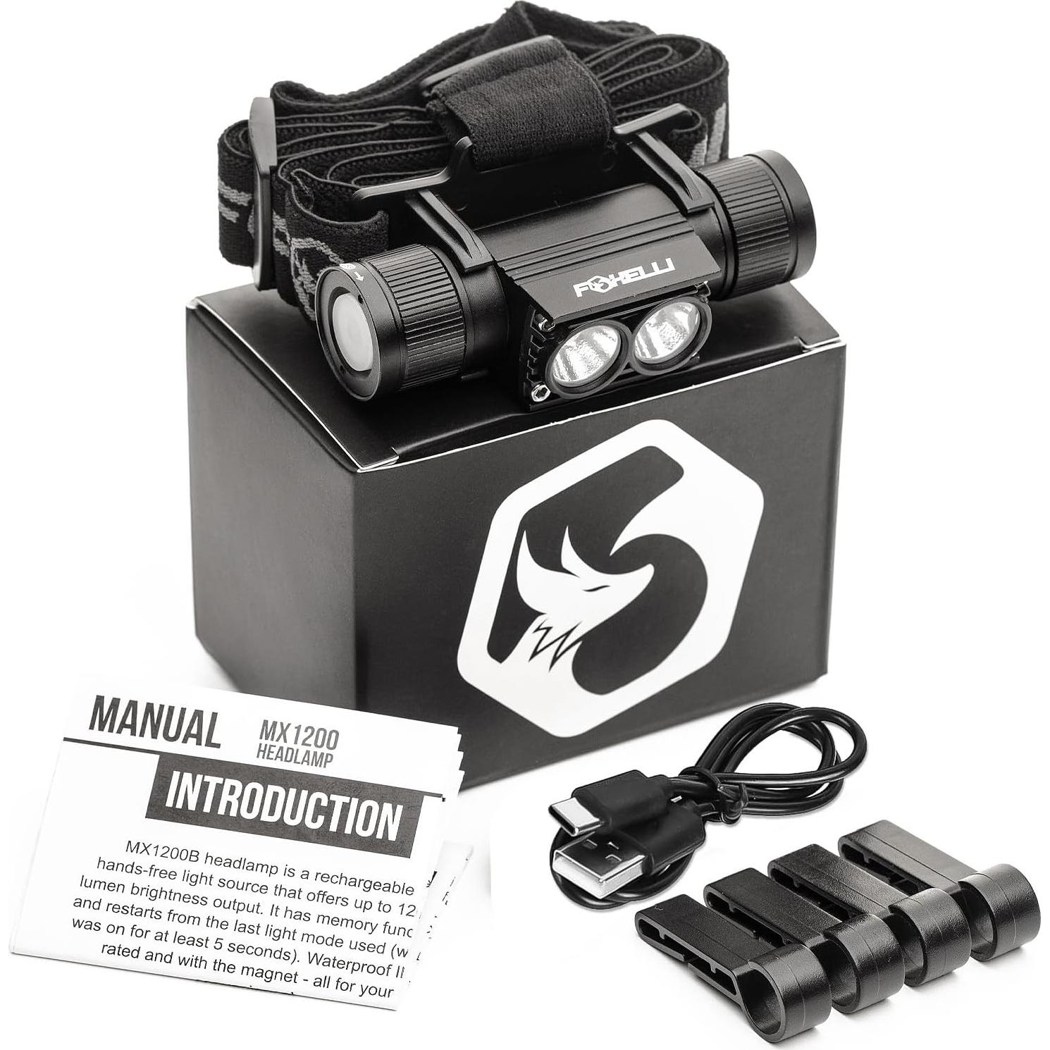 Linterna Frontal Recargable Foxelli MX1200B - 1200 Lúmenes, IPX7