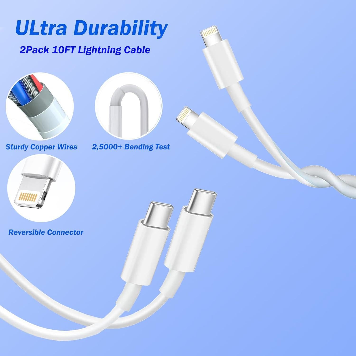 Cargador Rápido USB C para iPhone 2 Pack 10FT MFi