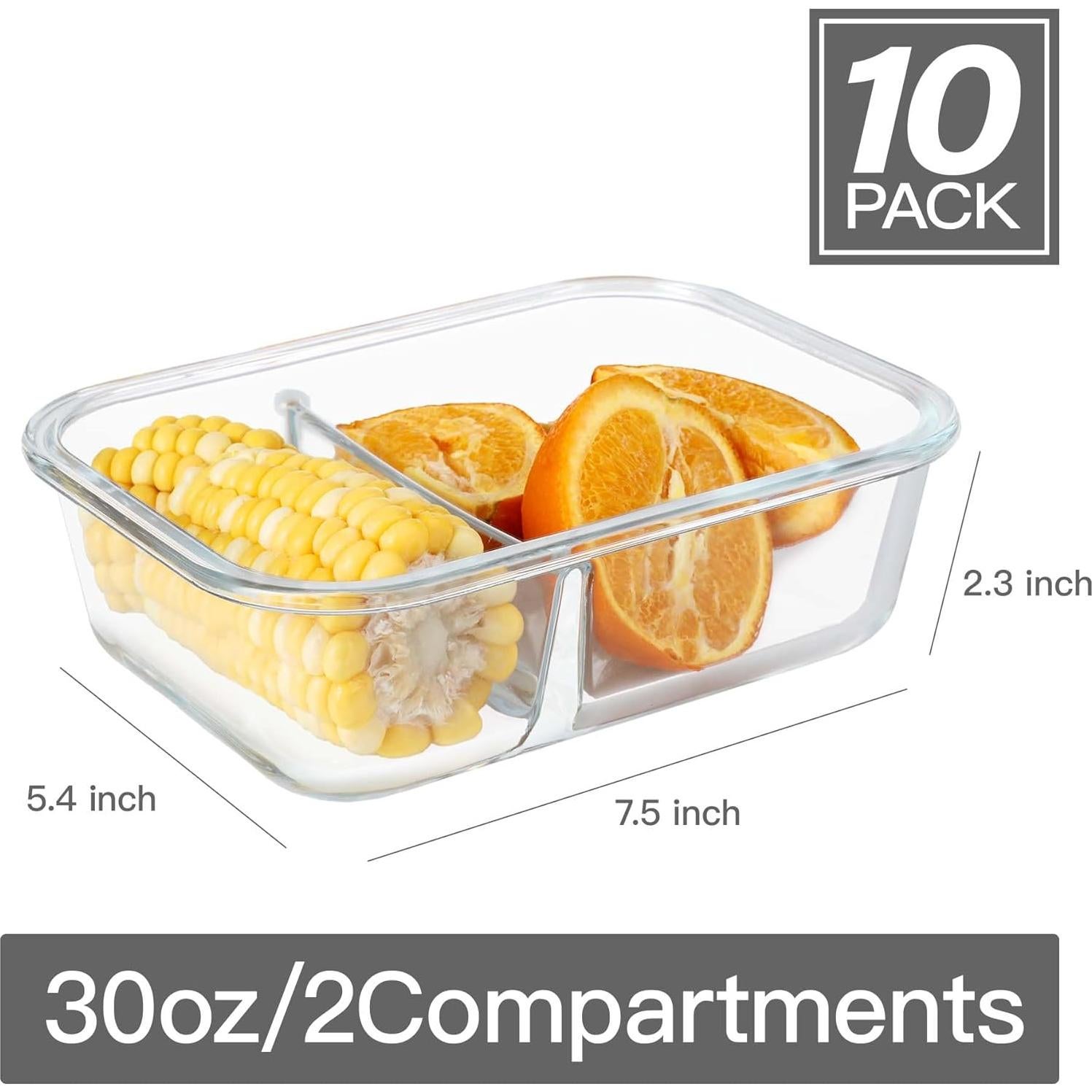 BAYZZ 10 Contenedores de Vidrio 887 ml 2 Compartimentos