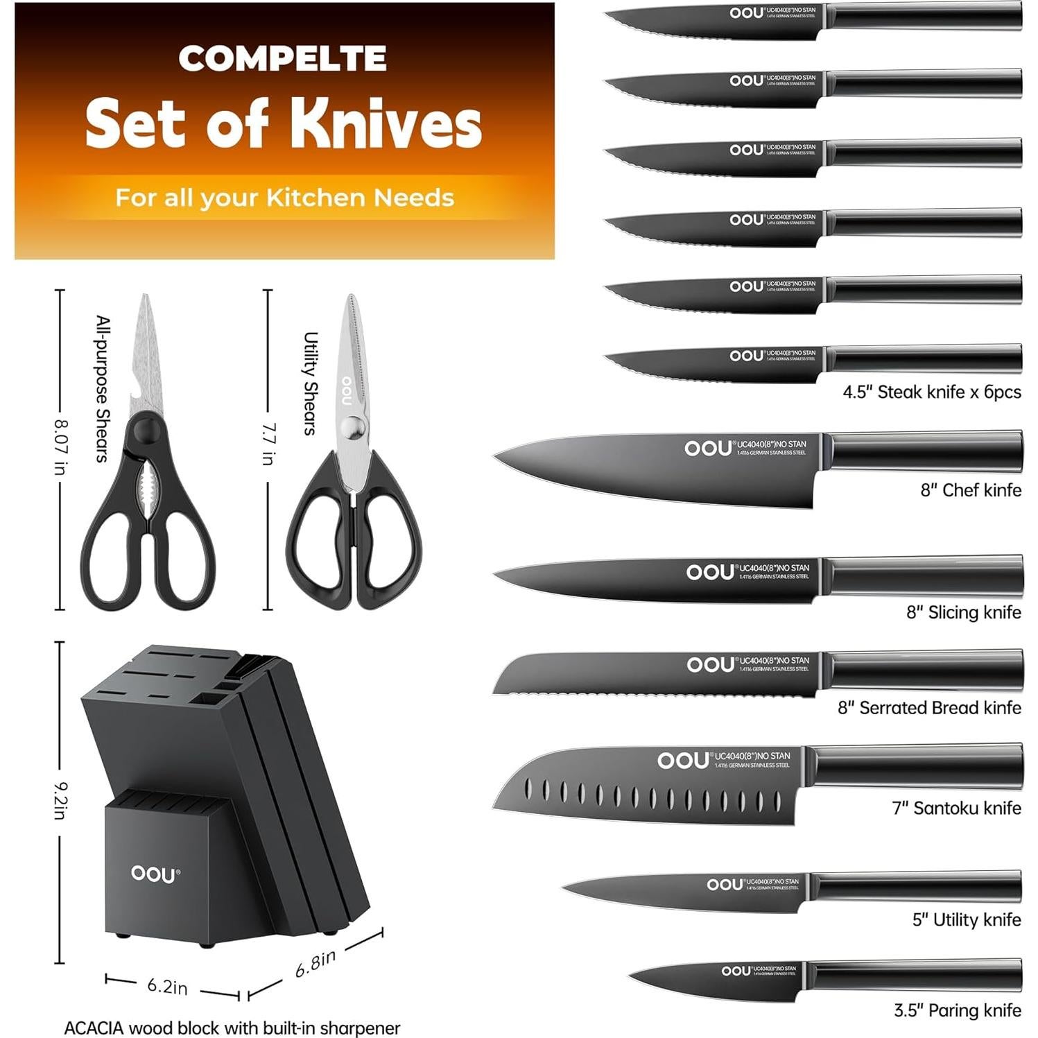 Juego de Cuchillos de Cocina OOU - 15 Piezas Acero Inoxidable