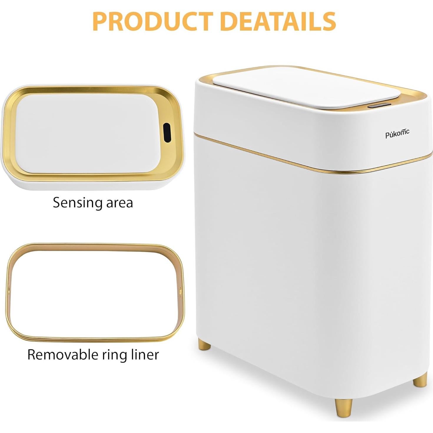 Basurero Automático Pukomc 9L Blanco Oro con Sensor Infrarrojo