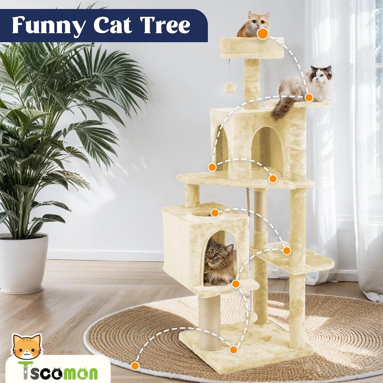 Torre para Gatos TSCOMON 148.6 cm Almendra Beige con Rascador