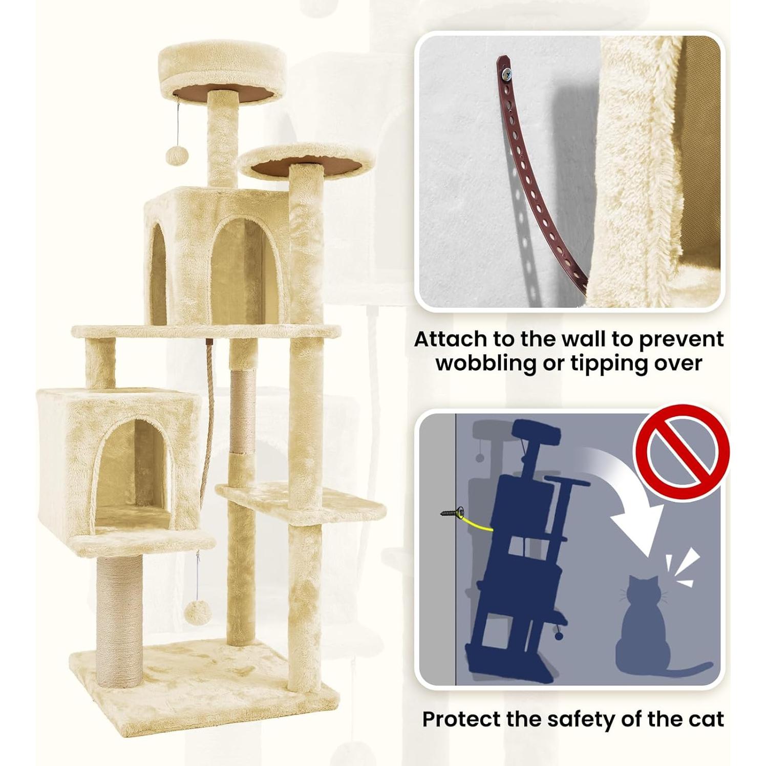 Torre para Gatos TSCOMON 148.6 cm Almendra Beige con Rascador