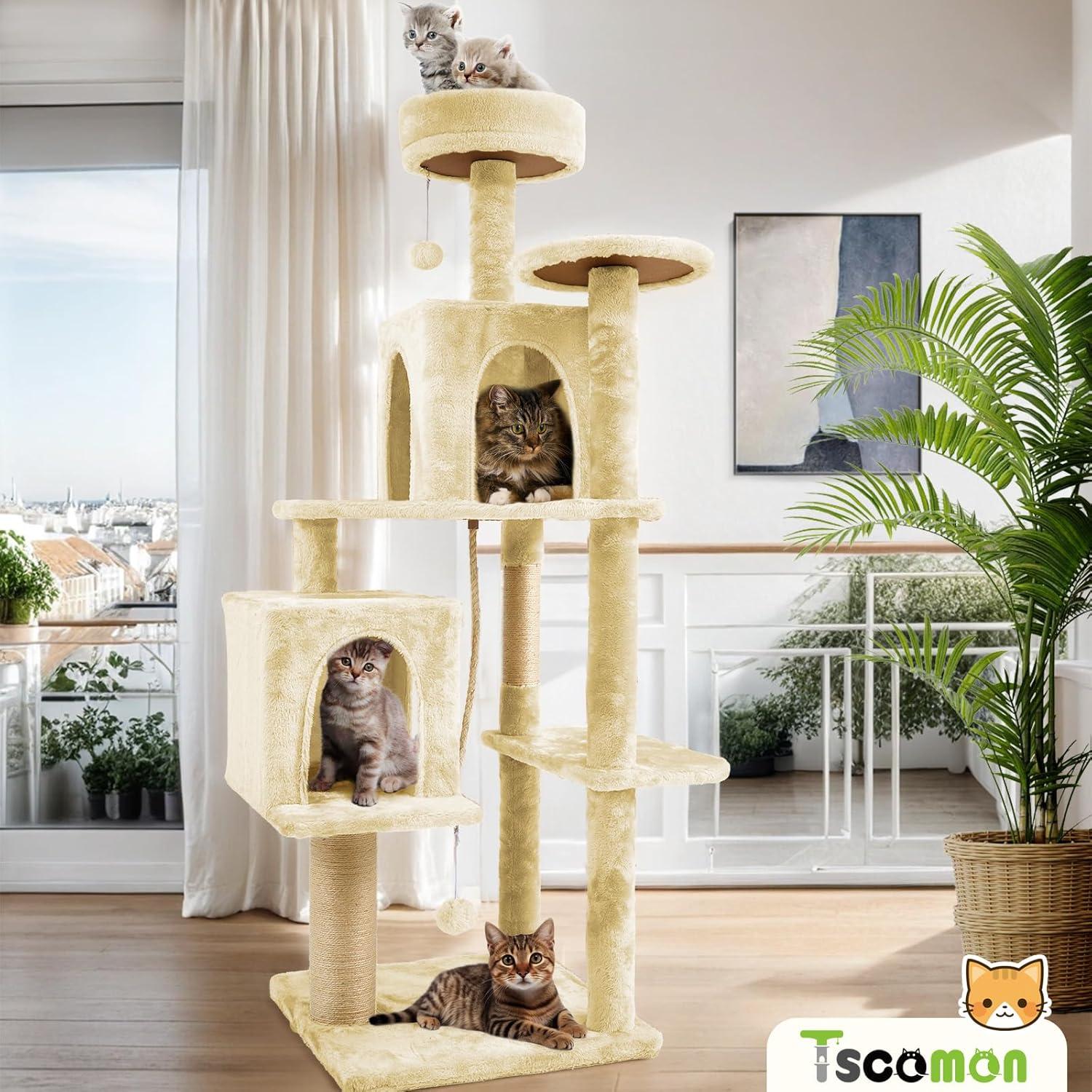 Torre para Gatos TSCOMON 148.6 cm Almendra Beige con Rascador