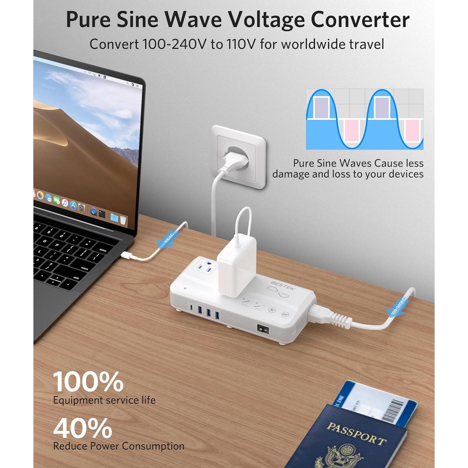 Convertidor de Voltaje BESTEK 220V a 110V con 4 USB