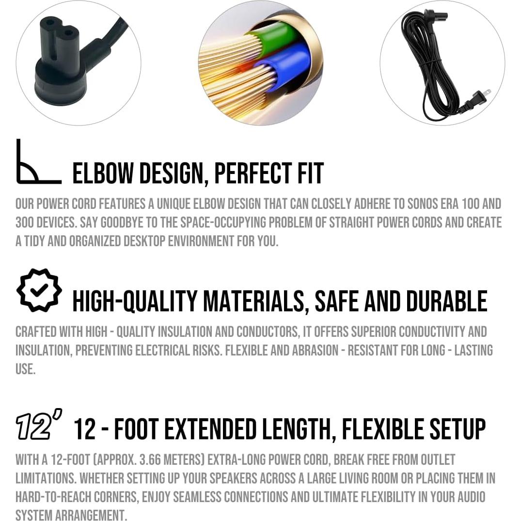 Cables de Alimentación Largos Rolkely para Altavoces Sonos Era 100 y 300 - 3.66m Negro
