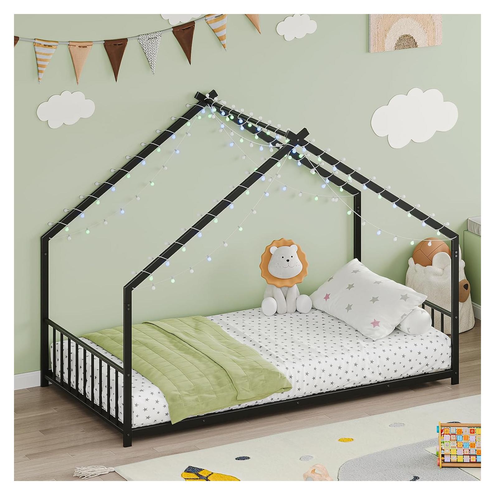 KEIKI Montessori Twin Floor Bed Frame with LED Lights, Metal House Design with Slats and Legs, for Boys & Girls, No Box Spring, Black