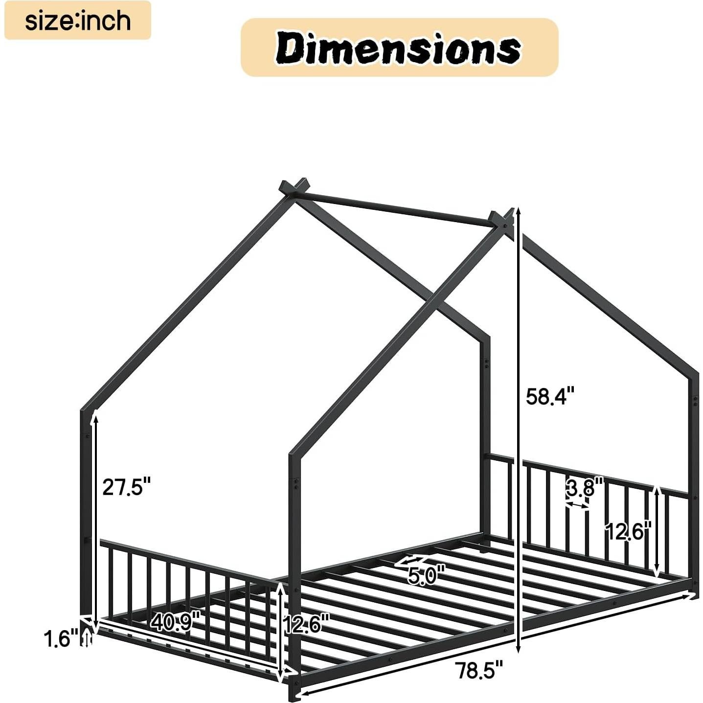 KEIKI Montessori Twin Floor Bed Frame with LED Lights, Metal House Design with Slats and Legs, for Boys & Girls, No Box Spring, Black