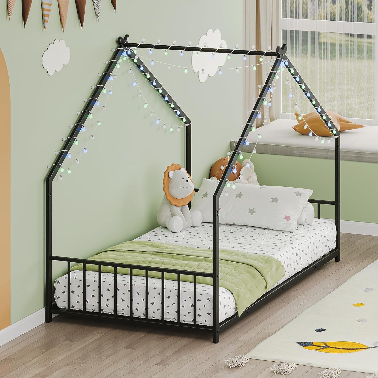 KEIKI Montessori Twin Floor Bed Frame with LED Lights, Metal House Design with Slats and Legs, for Boys & Girls, No Box Spring, Black