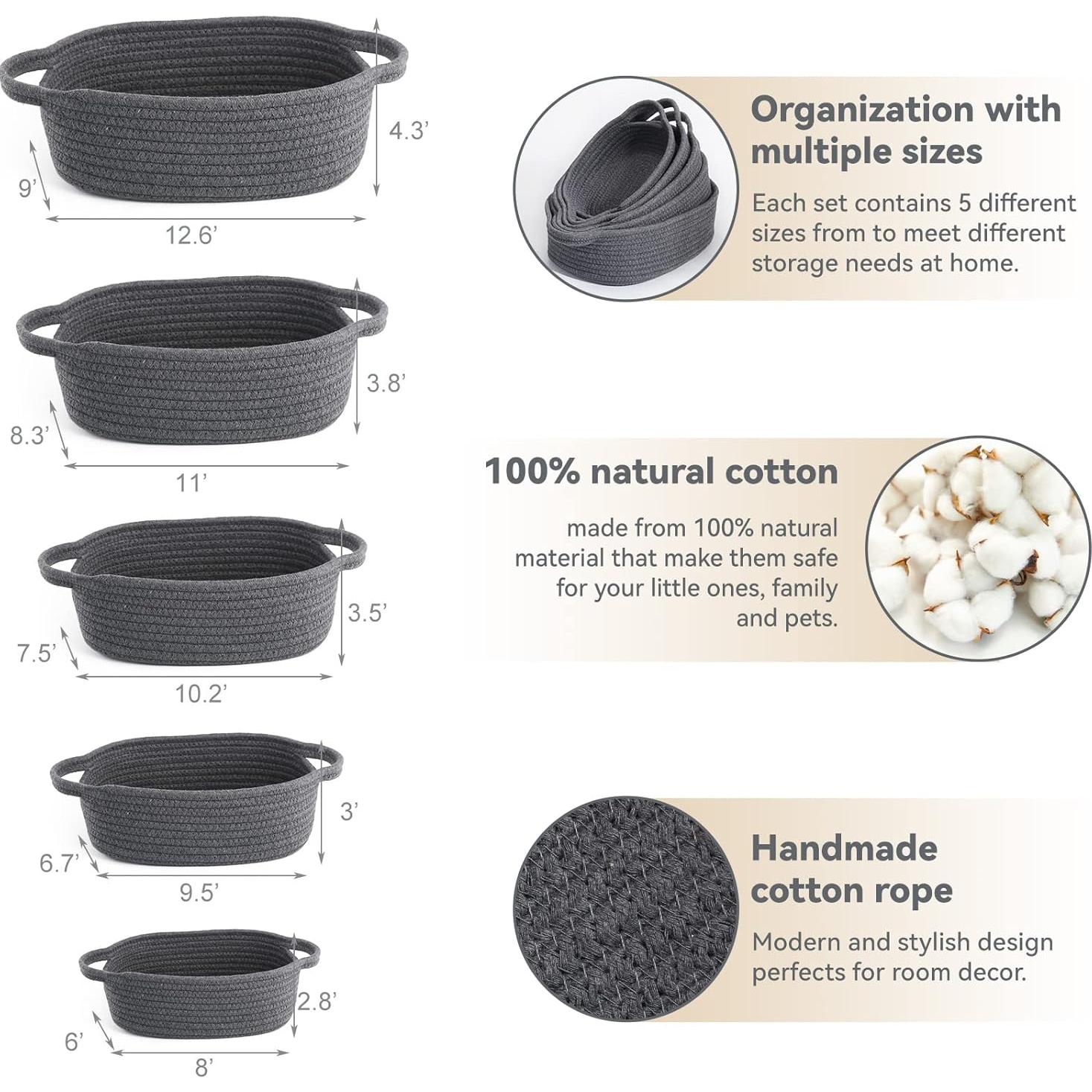 Juego de 5 Cestas de Cuerda VOOWO para Almacenamiento - Gris