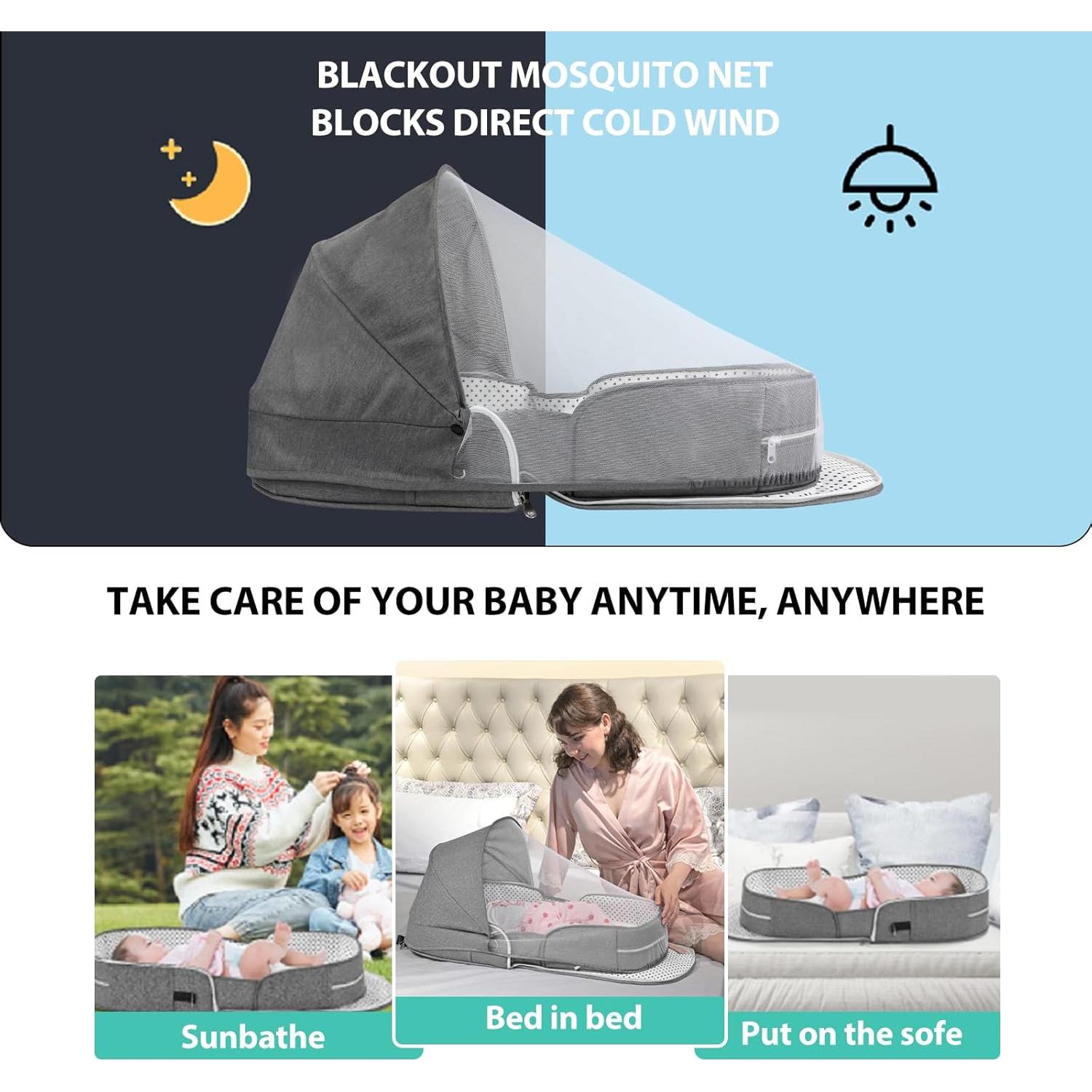 Cuna portátil de viaje SZRUNZHU Gris, co-dormir con mosquitera