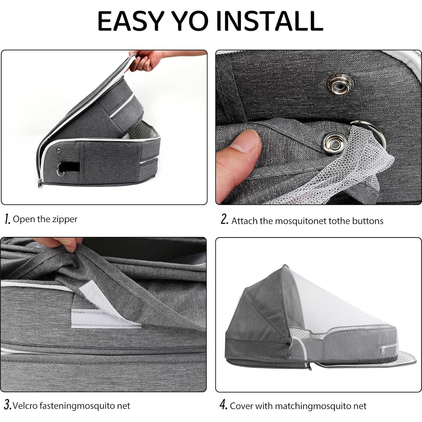 Cuna portátil de viaje SZRUNZHU Gris, co-dormir con mosquitera