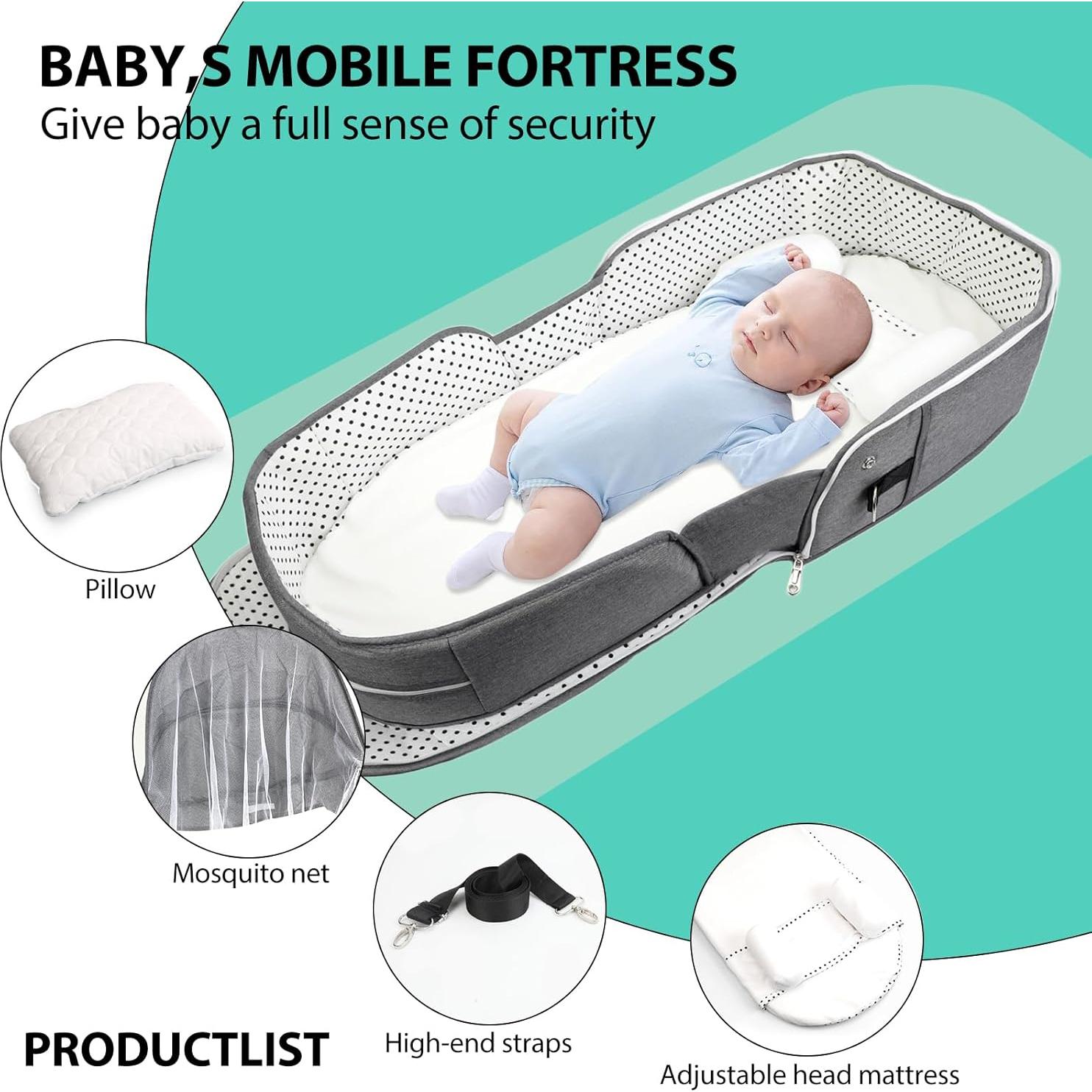 Cuna portátil de viaje SZRUNZHU Gris, co-dormir con mosquitera