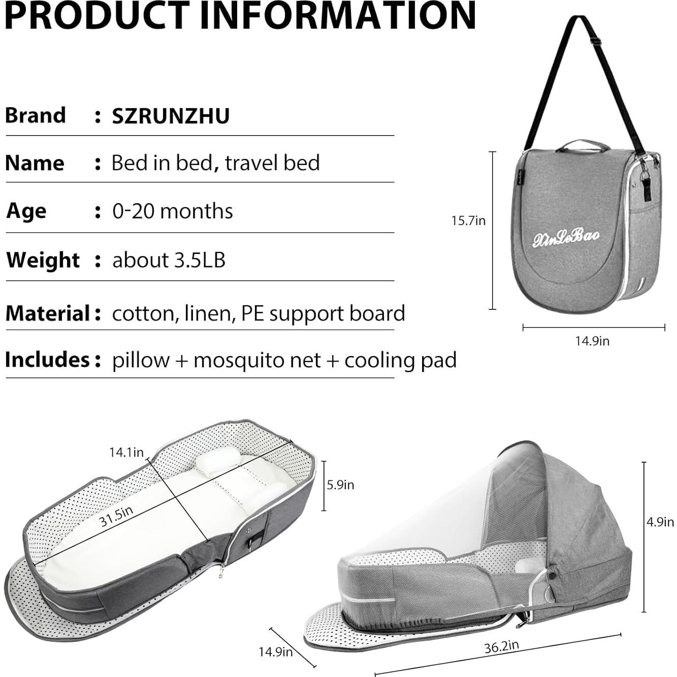 Cuna portátil de viaje SZRUNZHU Gris, co-dormir con mosquitera