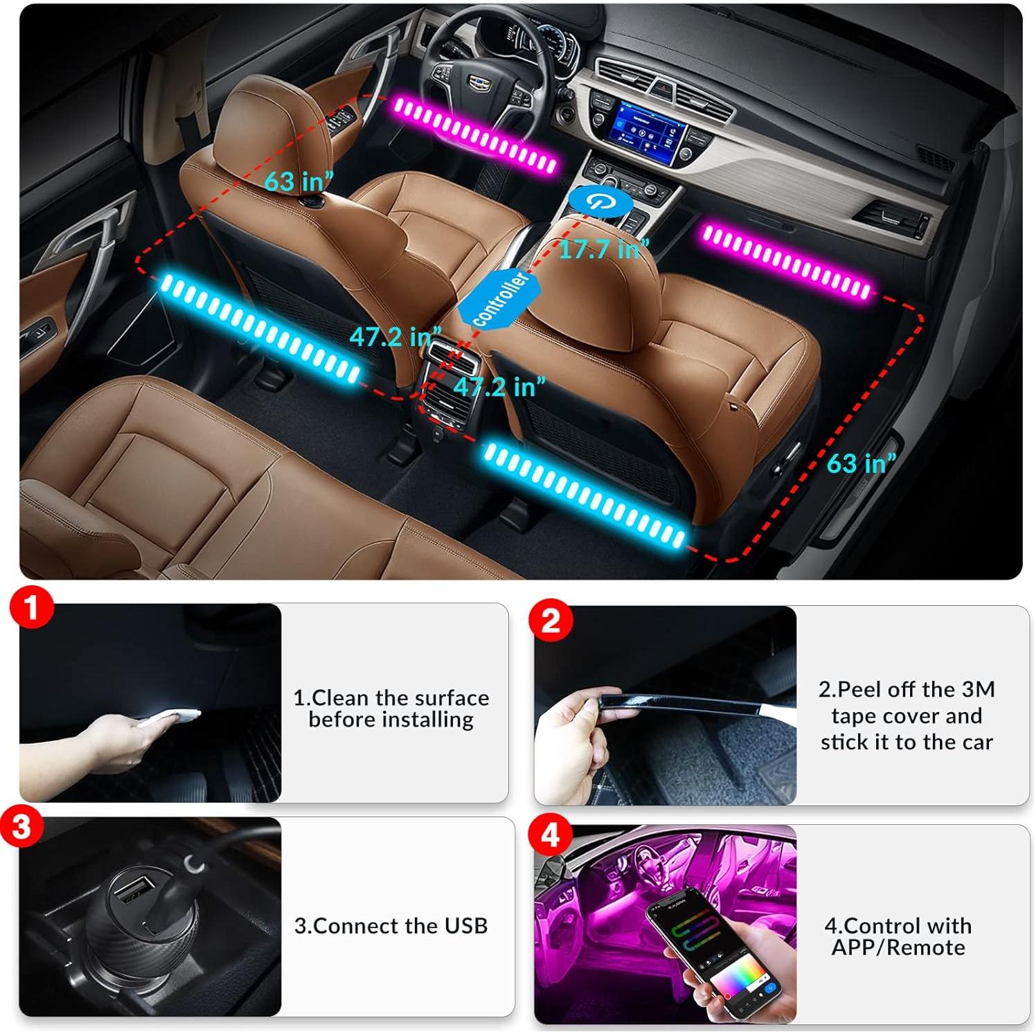 Luces LED de Carro Interior ETINAS 68 LEDs RGB Control APP
