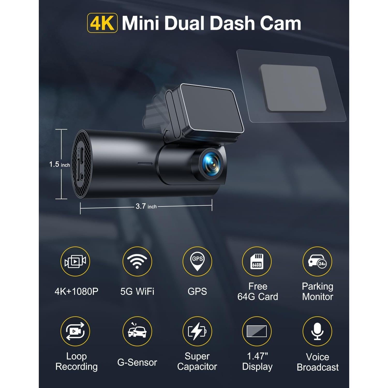 Cámara Dash GKU D600Pro 4K+1080P GPS WiFi 5.8GHz
