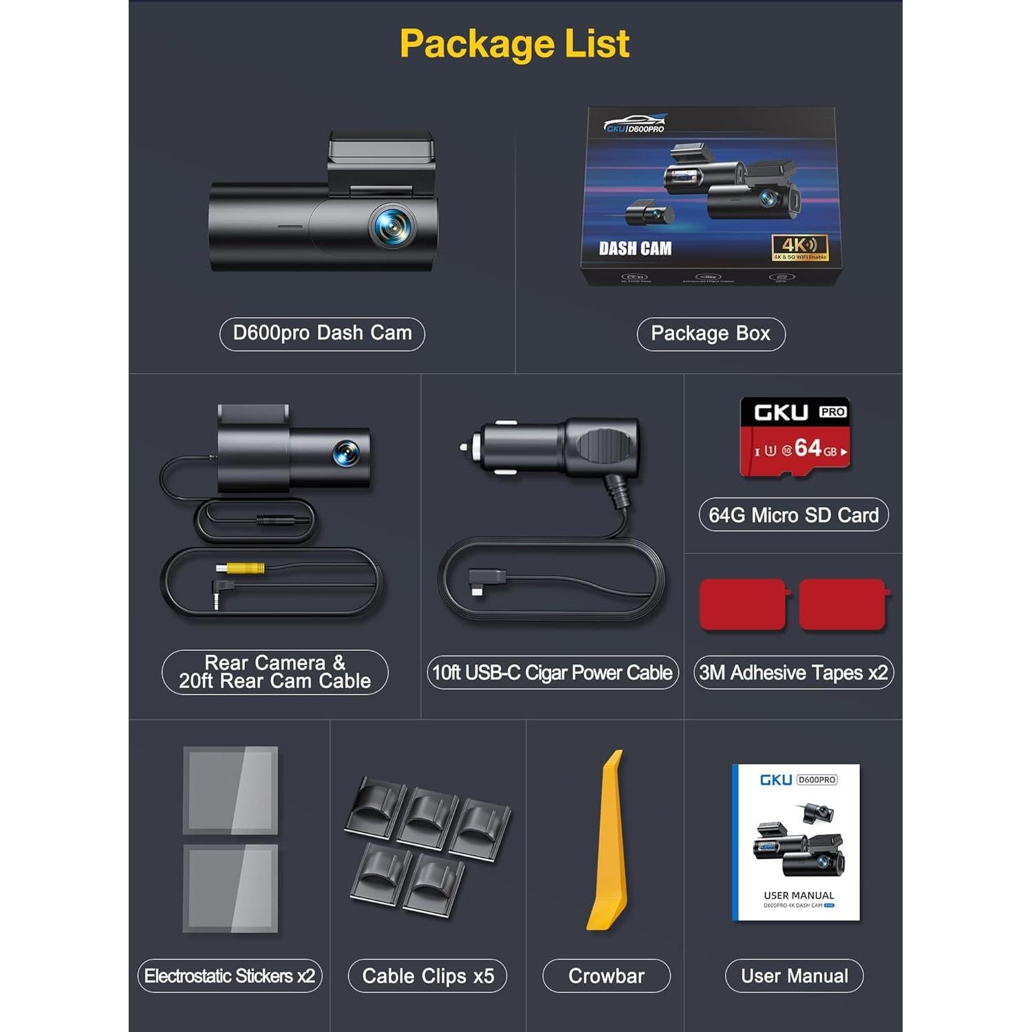 Cámara Dash GKU D600Pro 4K+1080P GPS WiFi 5.8GHz