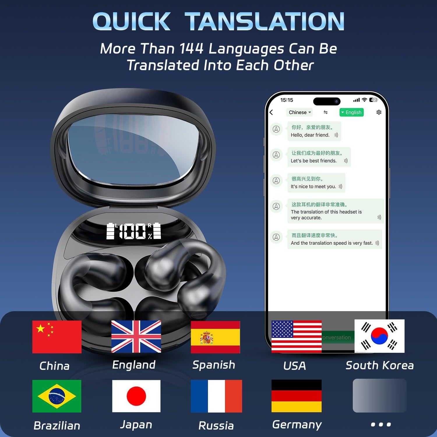 Auriculares de Traducción AI JR01 Negro - 144 Idiomas, 52h Batería
