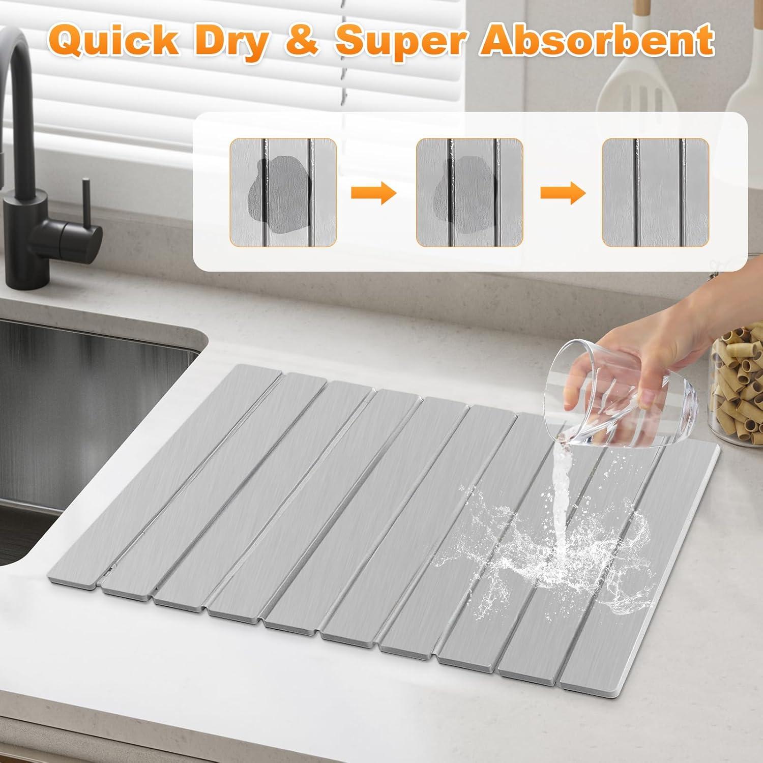 Stone Dish Drying Mat for Kitchen Counter, Collapsible Dish Drying Mat 24"(L)×16"(W) Absorbent Diatomaceous Earth Drying Mats, Quick Dry Stone Mat for Cups Dishes Kitchen Bathroom Any Countertop Gray