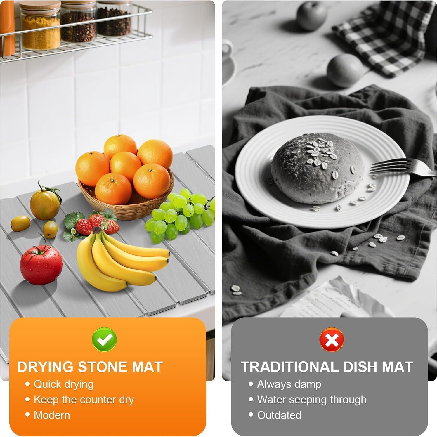 Stone Dish Drying Mat for Kitchen Counter, Collapsible Dish Drying Mat 24"(L)×16"(W) Absorbent Diatomaceous Earth Drying Mats, Quick Dry Stone Mat for Cups Dishes Kitchen Bathroom Any Countertop Gray