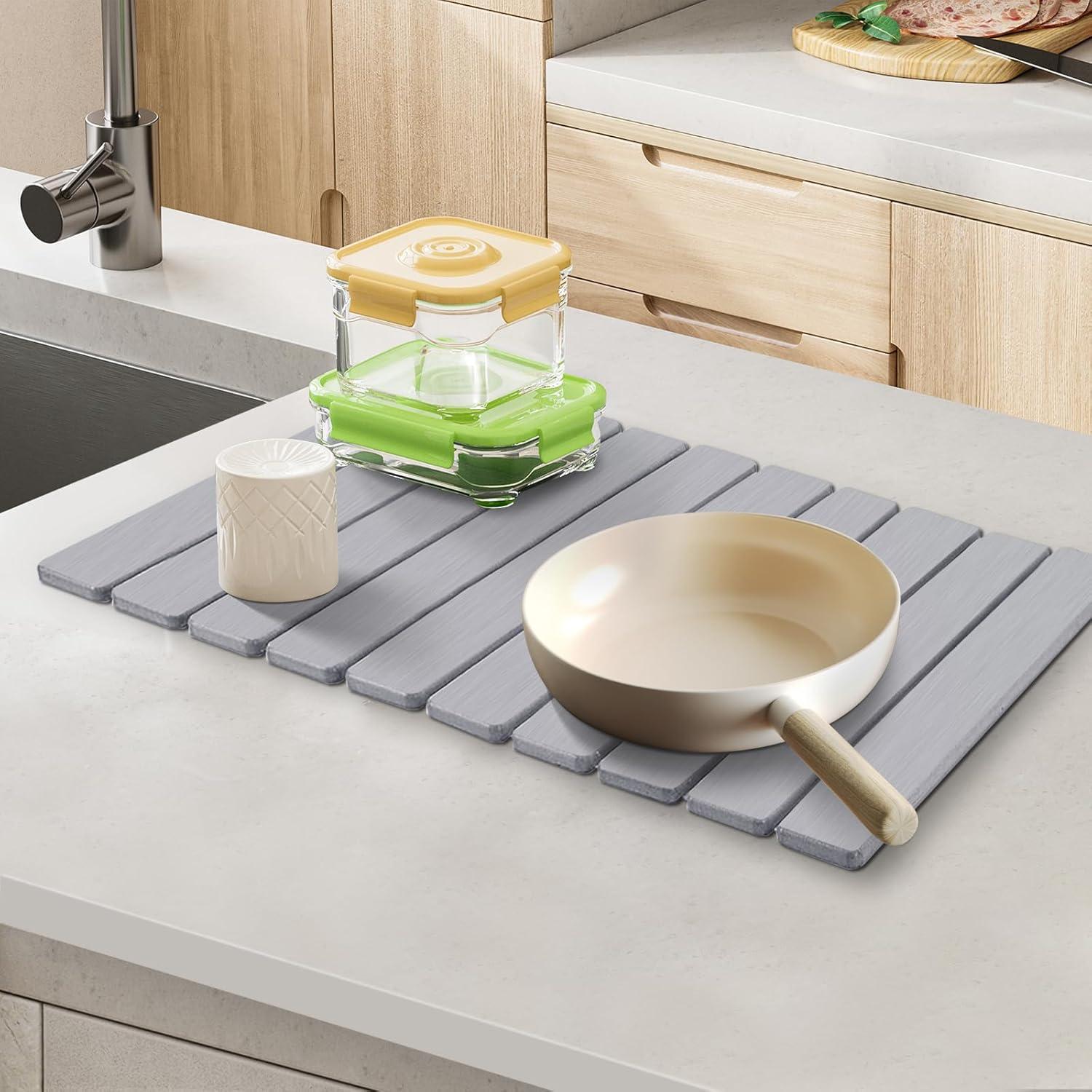 Stone Dish Drying Mat for Kitchen Counter, Collapsible Dish Drying Mat 24"(L)×16"(W) Absorbent Diatomaceous Earth Drying Mats, Quick Dry Stone Mat for Cups Dishes Kitchen Bathroom Any Countertop Gray