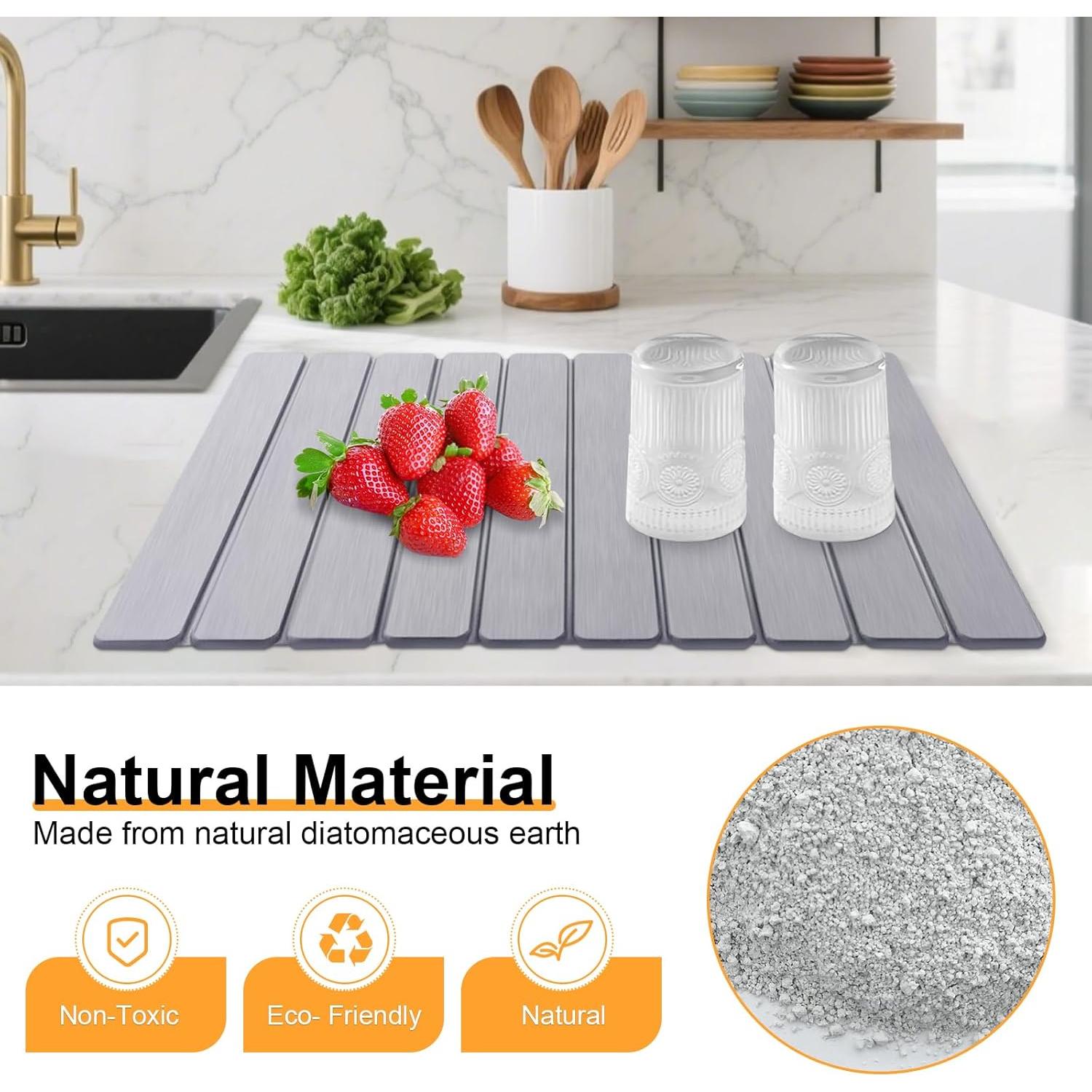 Stone Dish Drying Mat for Kitchen Counter, Collapsible Dish Drying Mat 24"(L)×16"(W) Absorbent Diatomaceous Earth Drying Mats, Quick Dry Stone Mat for Cups Dishes Kitchen Bathroom Any Countertop Gray