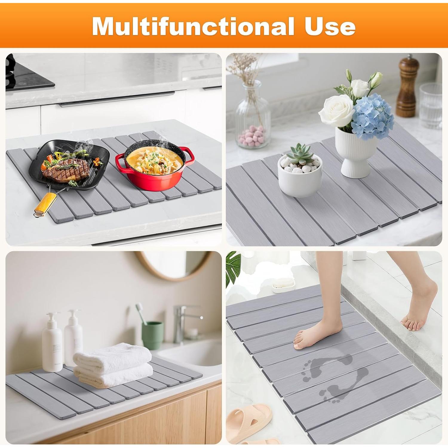 Stone Dish Drying Mat for Kitchen Counter, Collapsible Dish Drying Mat 24"(L)×16"(W) Absorbent Diatomaceous Earth Drying Mats, Quick Dry Stone Mat for Cups Dishes Kitchen Bathroom Any Countertop Gray