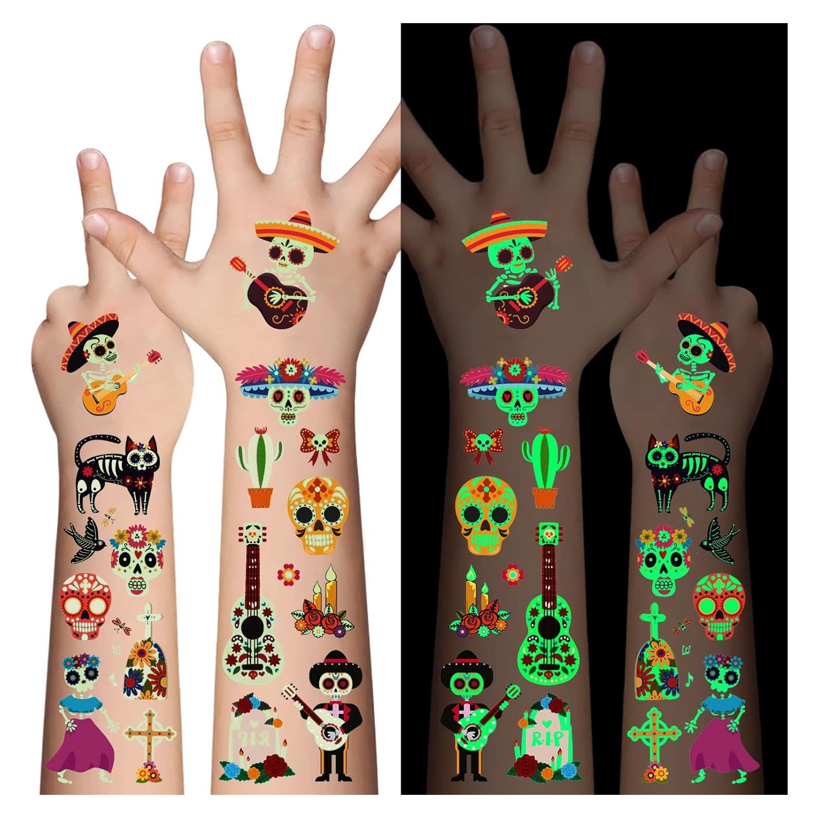 Tatuajes Temporales Luminiscentes Día de los Muertos 100 Piezas
