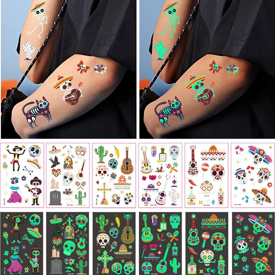 Tatuajes Temporales Luminiscentes Día de los Muertos 100 Piezas