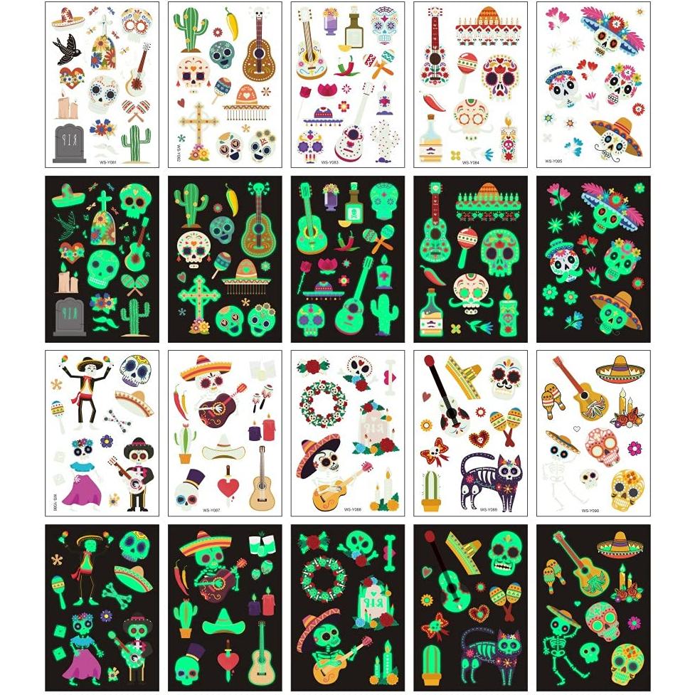 Tatuajes Temporales Luminiscentes Día de los Muertos 100 Piezas