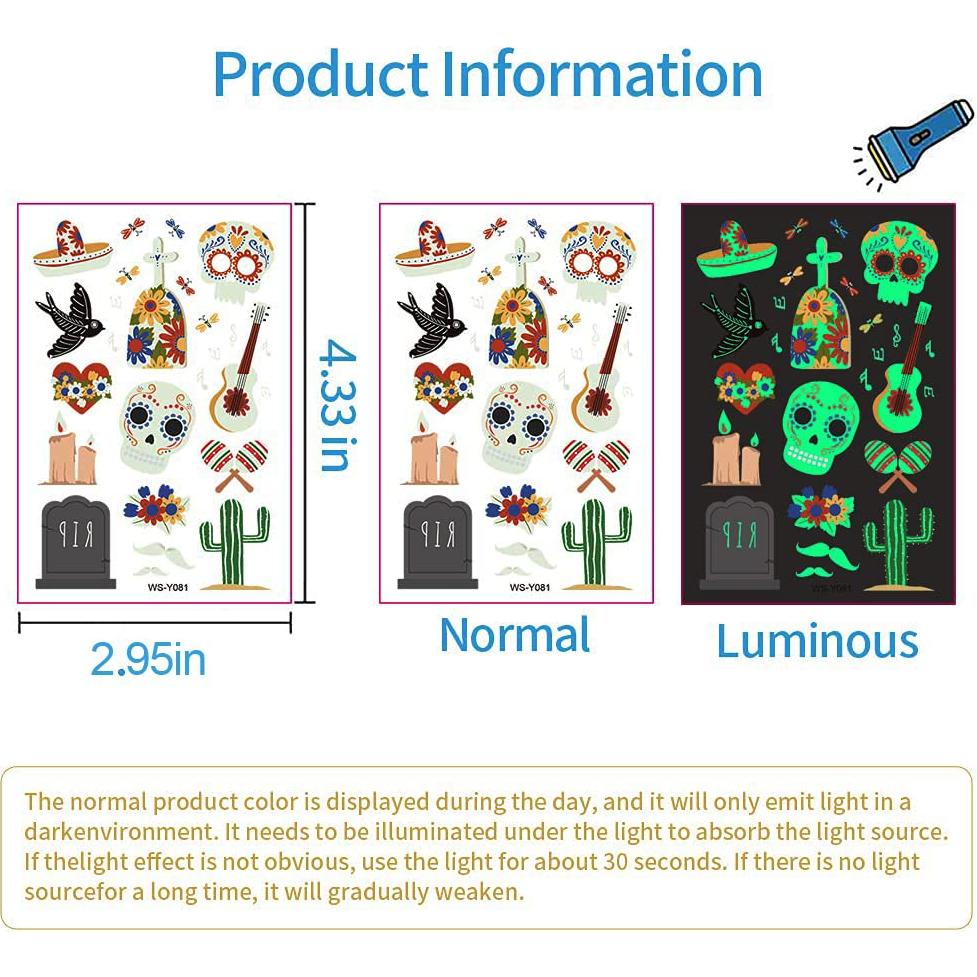 Tatuajes Temporales Luminiscentes Día de los Muertos 100 Piezas