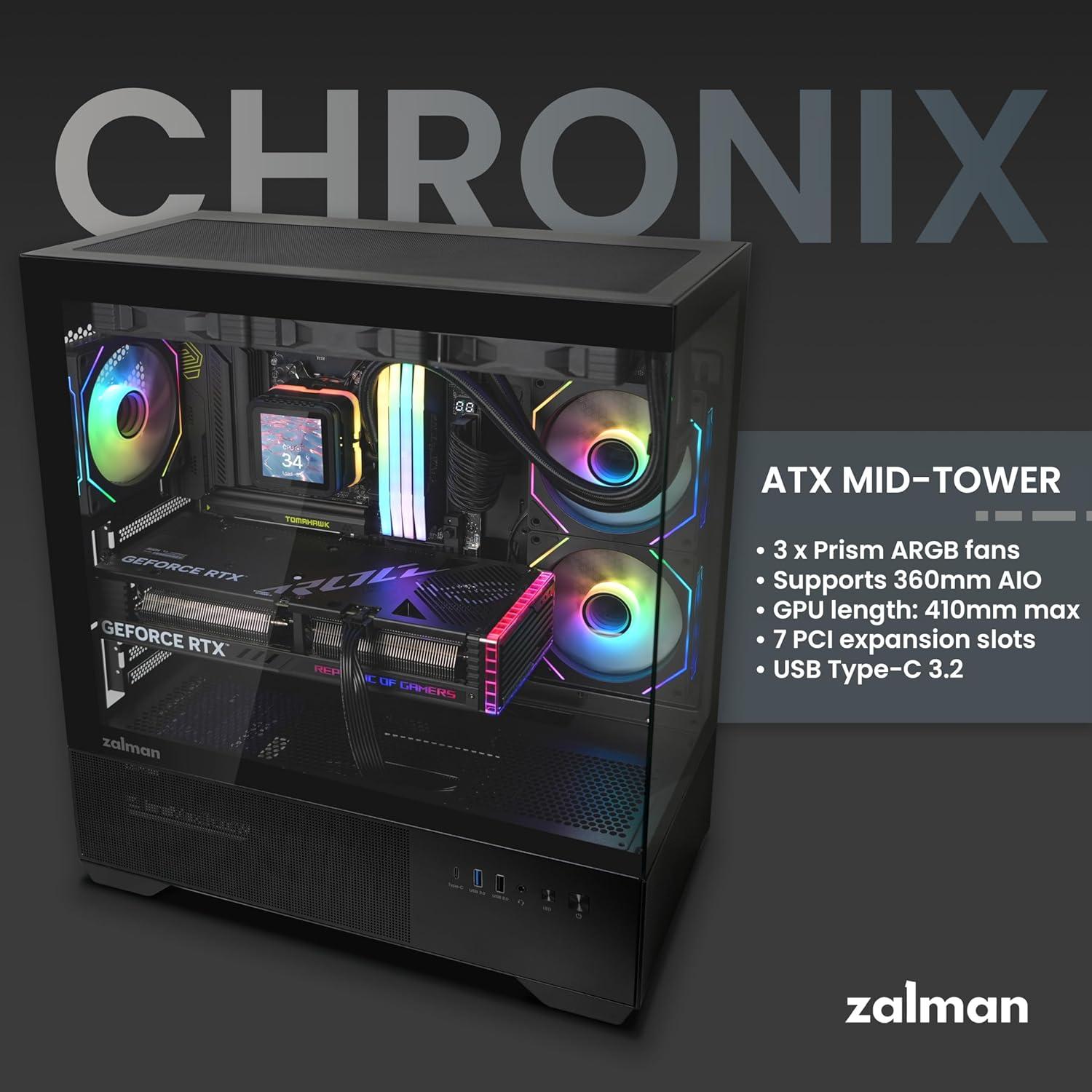 Caja de PC Zalman CHRONIX Mid-Tower ATX con 3 Ventiladores ARGB
