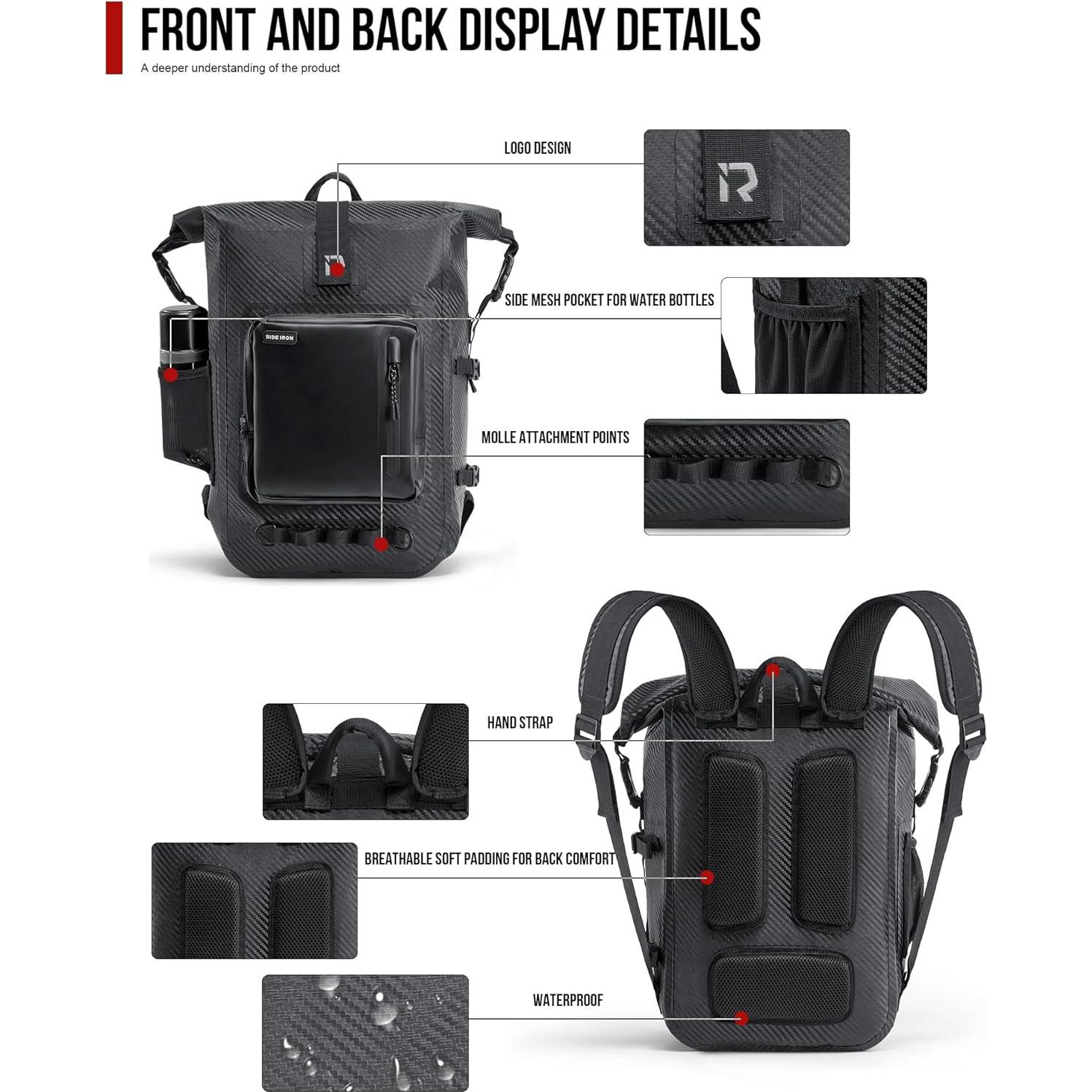 Mochila Impermeable RIDEIRON 35L Fibra de Carbono para Motocicleta