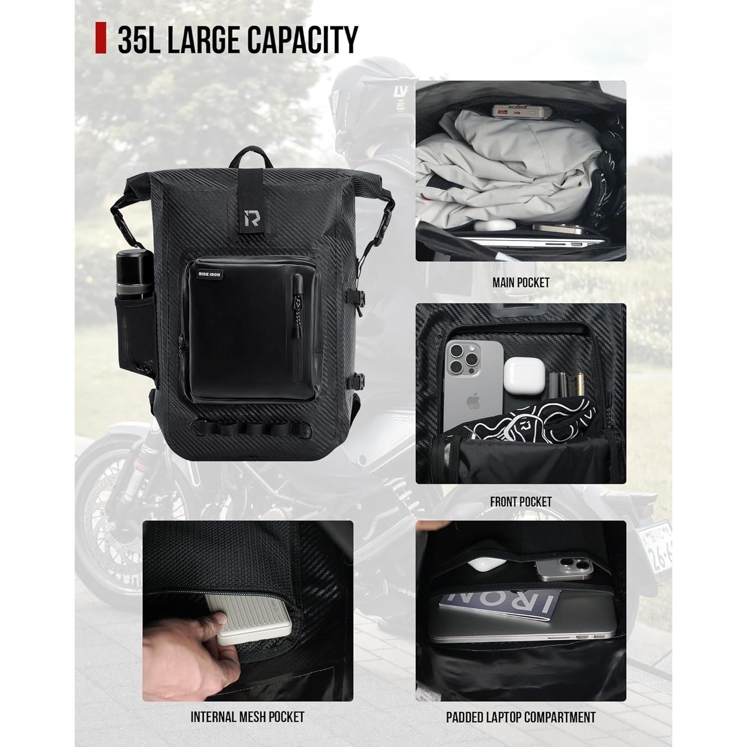 Mochila Impermeable RIDEIRON 35L Fibra de Carbono para Motocicleta