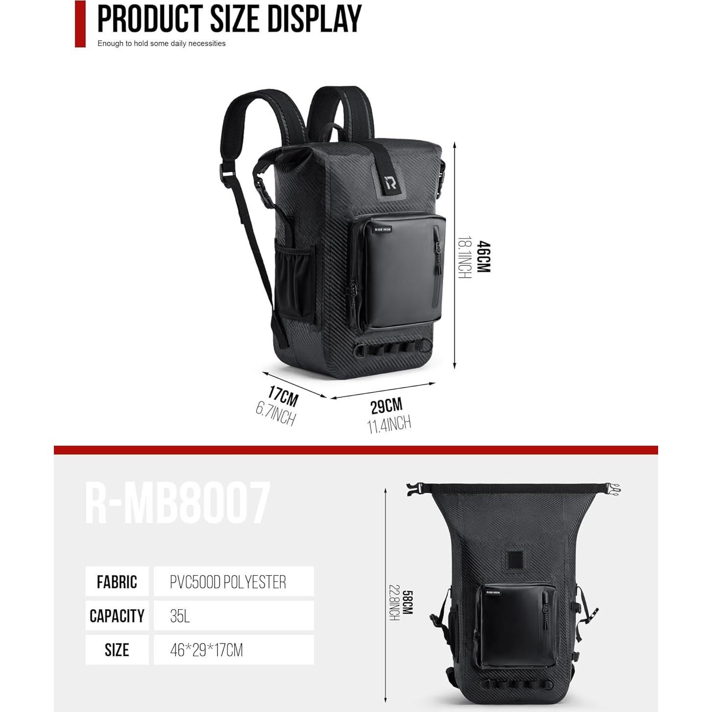 Mochila Impermeable RIDEIRON 35L Fibra de Carbono para Motocicleta